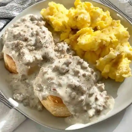 Sausage gravy and biscuts.
